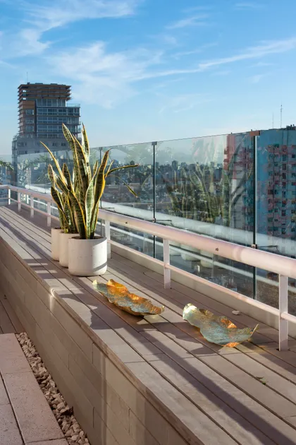 Terraza moderna con plantas y esculturas metálicas — proyecto CHARCAS, por Siuk Studio, en Palermo